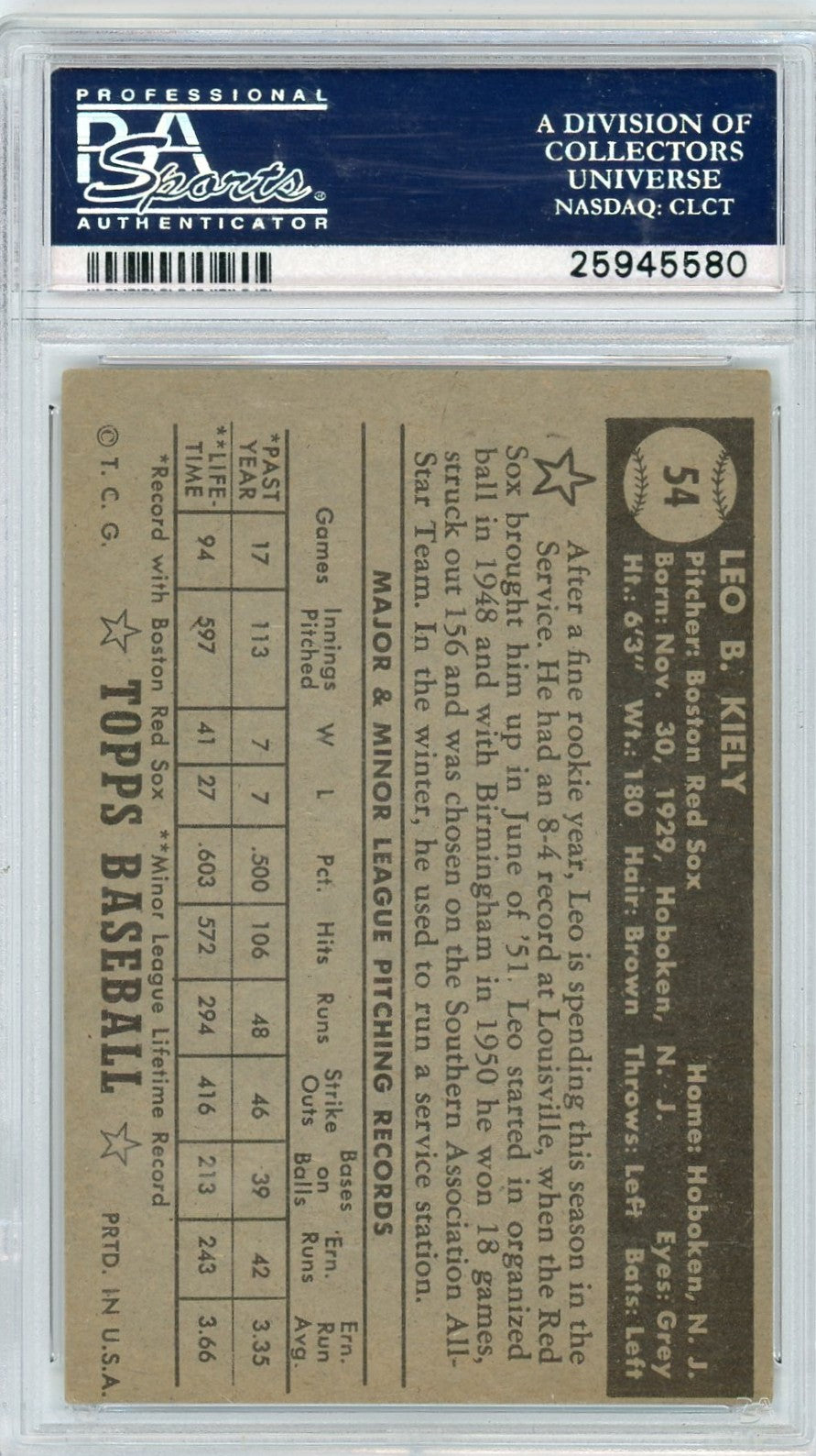 1952 Topps Leo Kiely #54 Black Back PSA 4.5