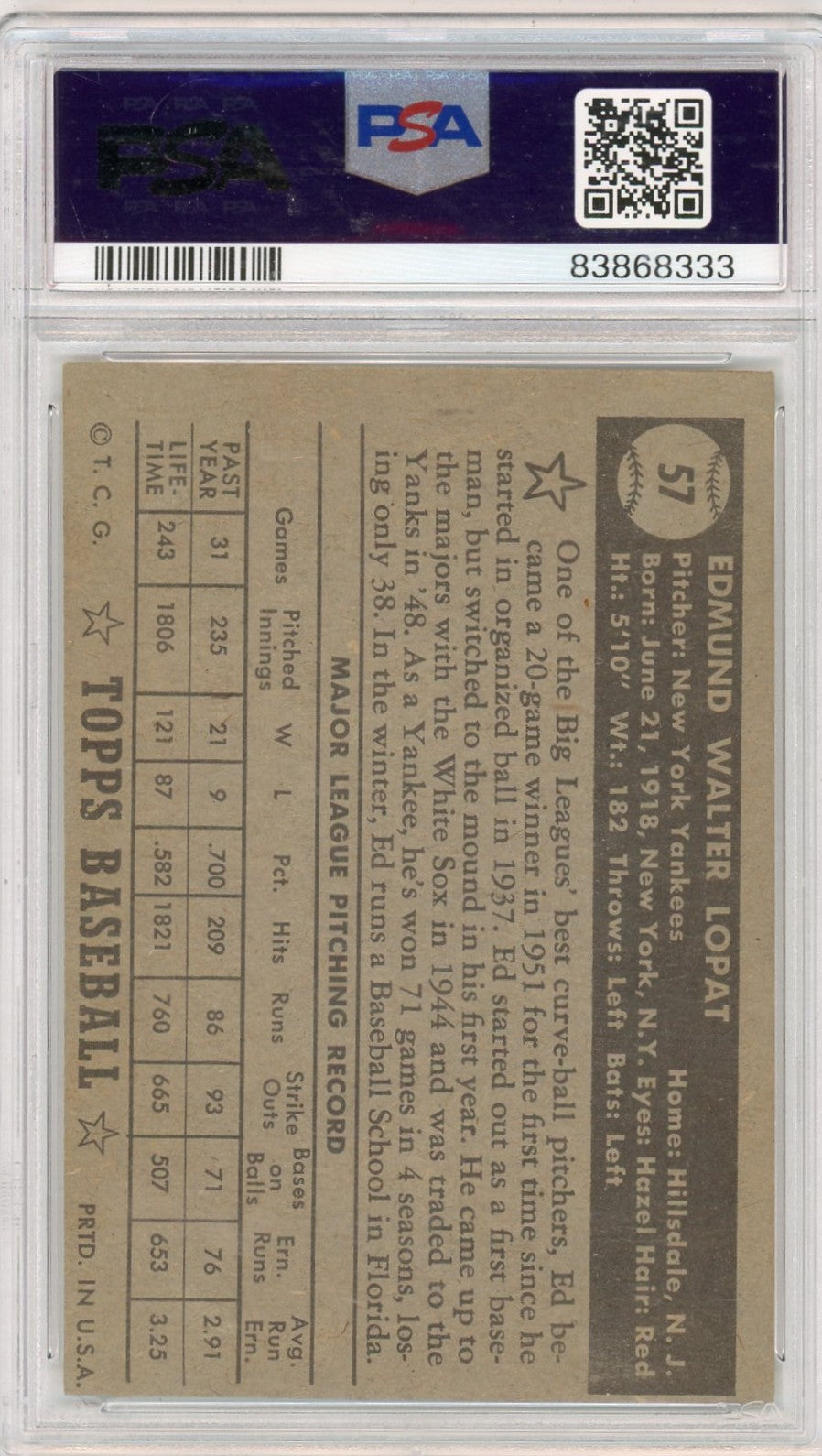 1952 Topps Ed Lopat #57 Black Back PSA 4