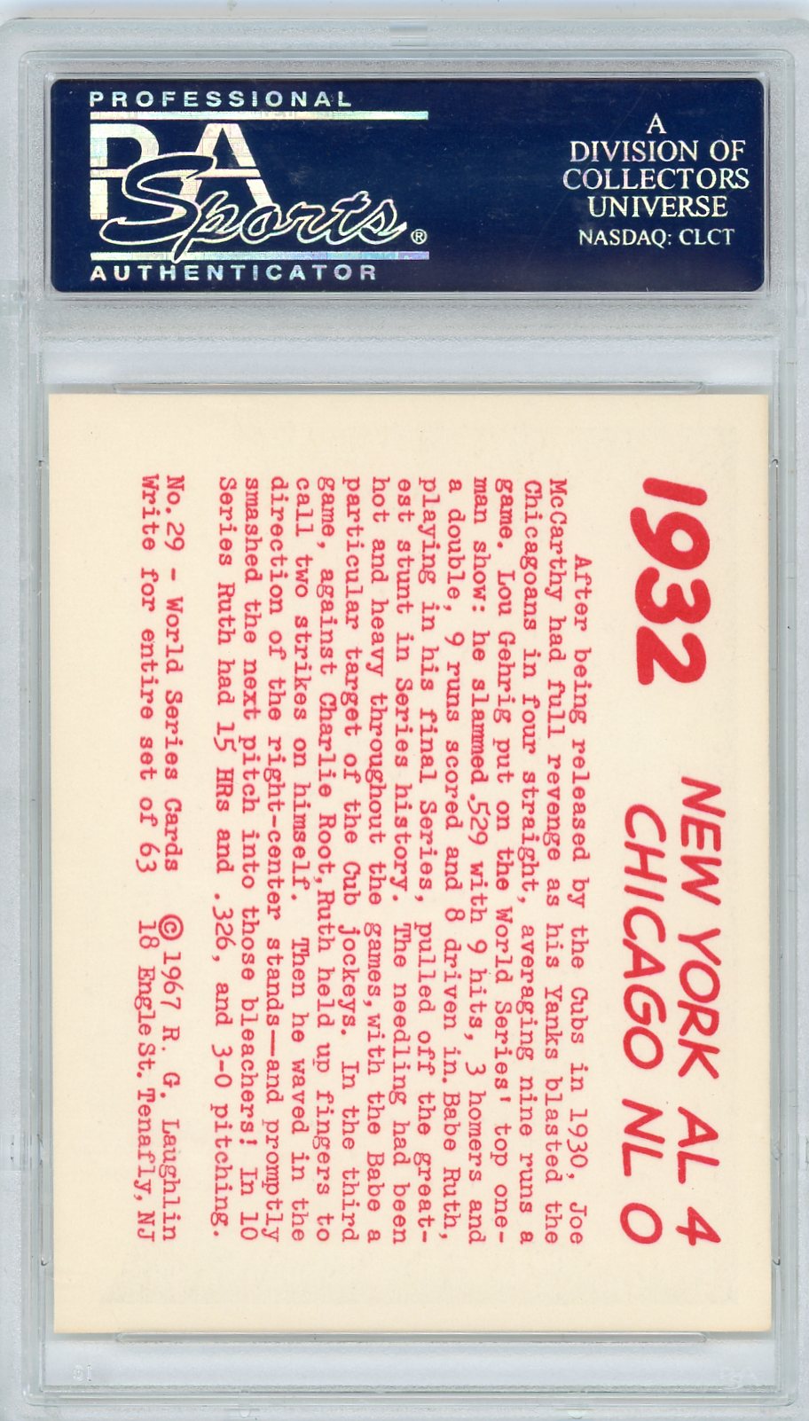 1967 Laughlin World Series Yankees VS Cubs #29 1932 PSA 10