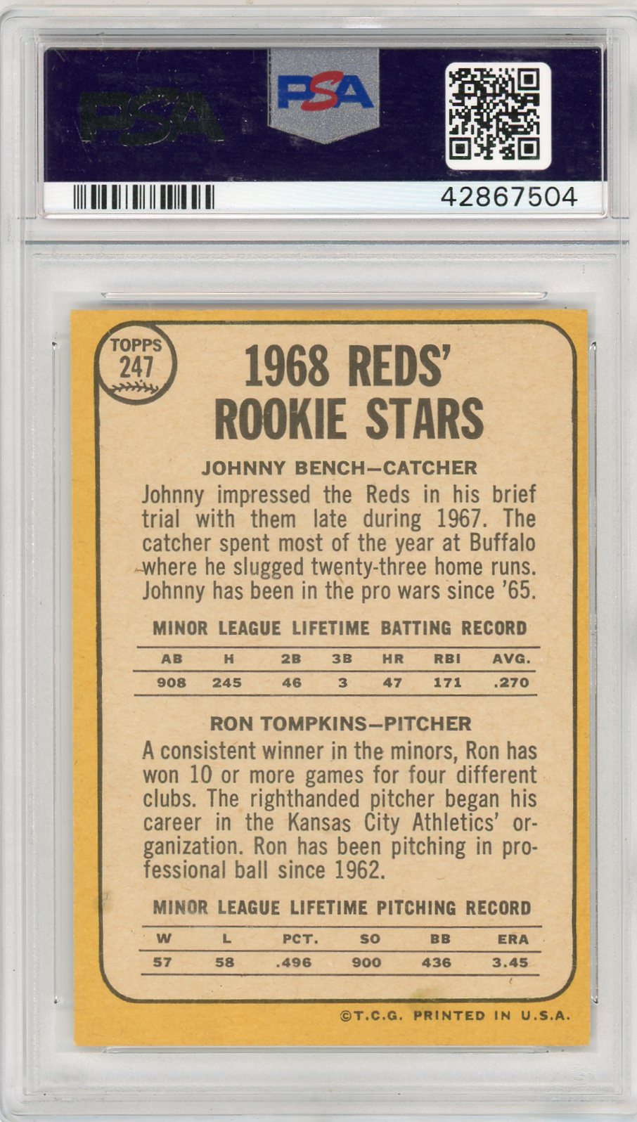 1968 Topps Reds Rookies #247 J. Bench R. Tompkins PSA 7