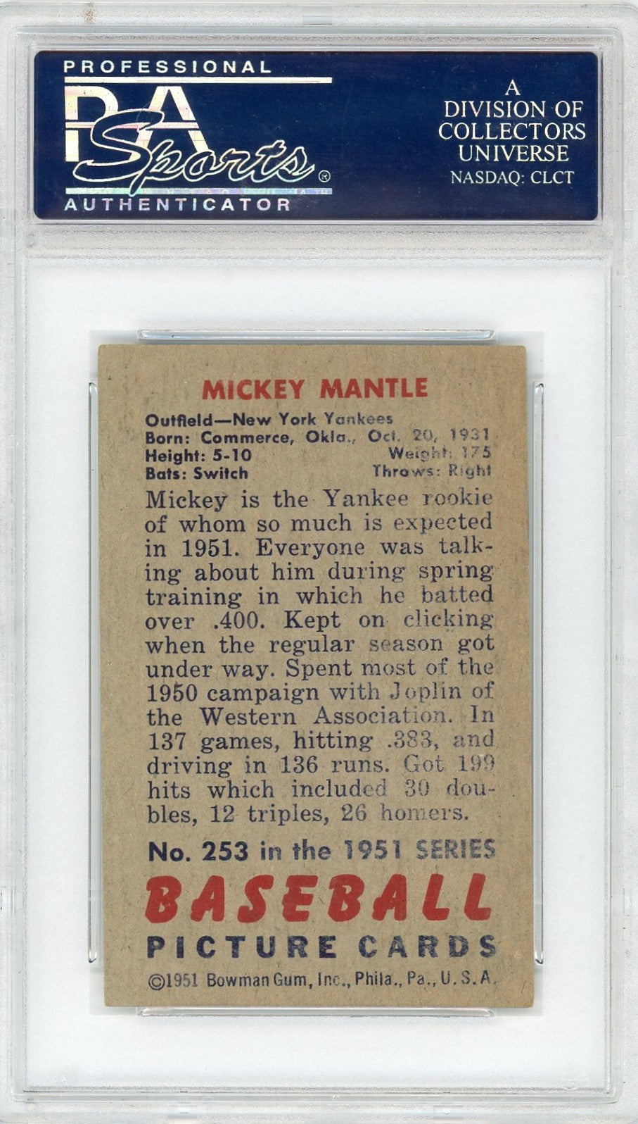 1951 Bowman Mickey Mantle #253 PSA 3.5