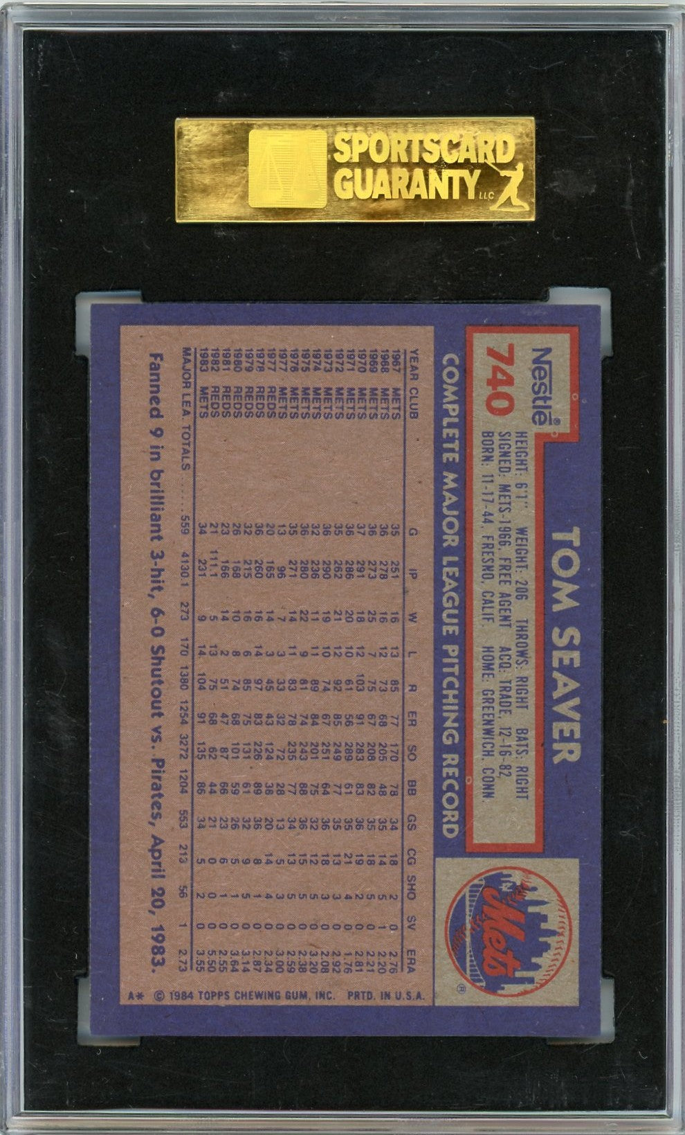 1984 Topps Nestle Tom Seaver #740 SGC 10