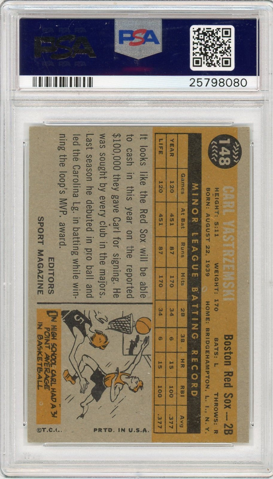 1960 Topps Carl Yastrzemski #148 Rookie Star PSA 7