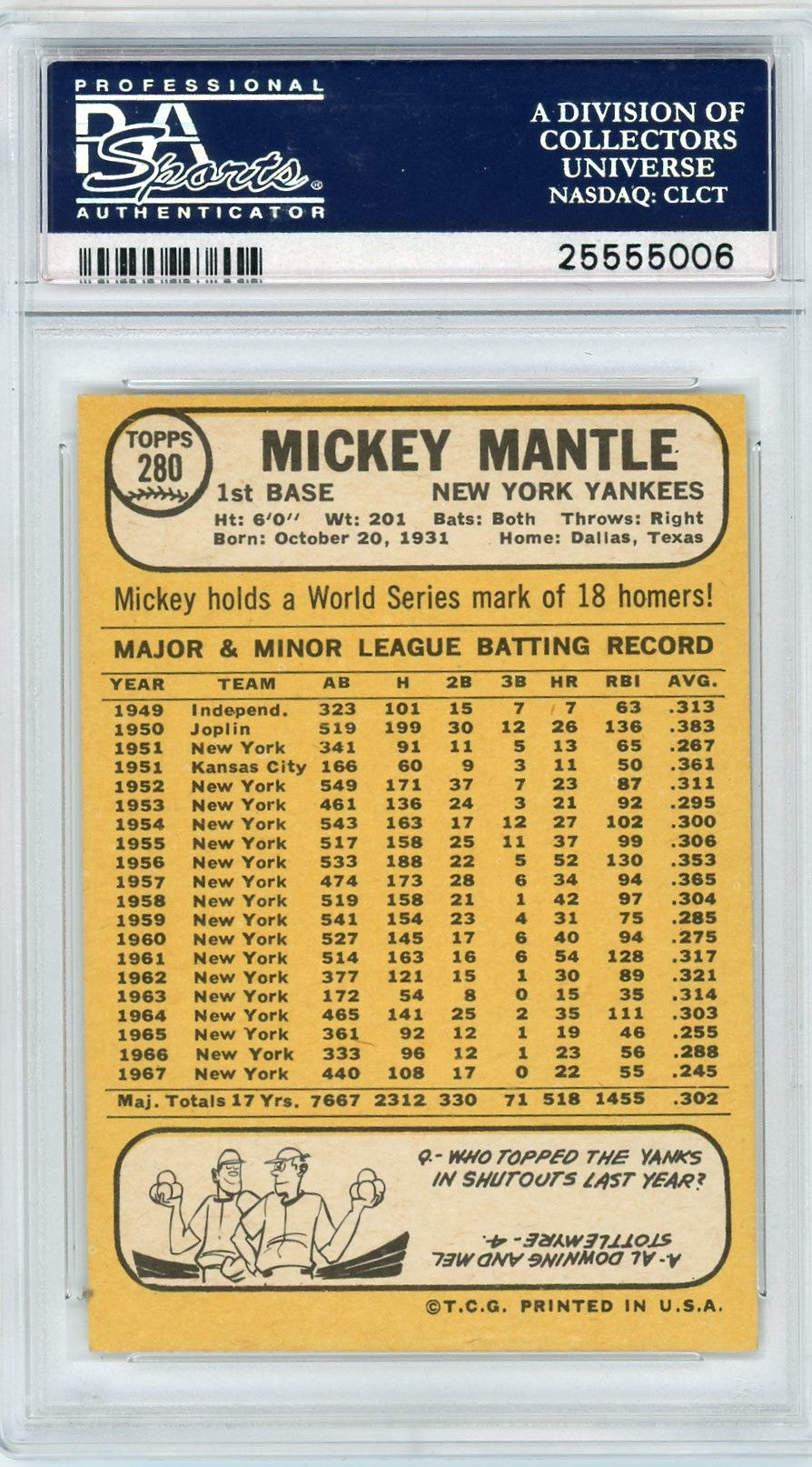 1968 Topps Mickey Mantle #280 PSA 7