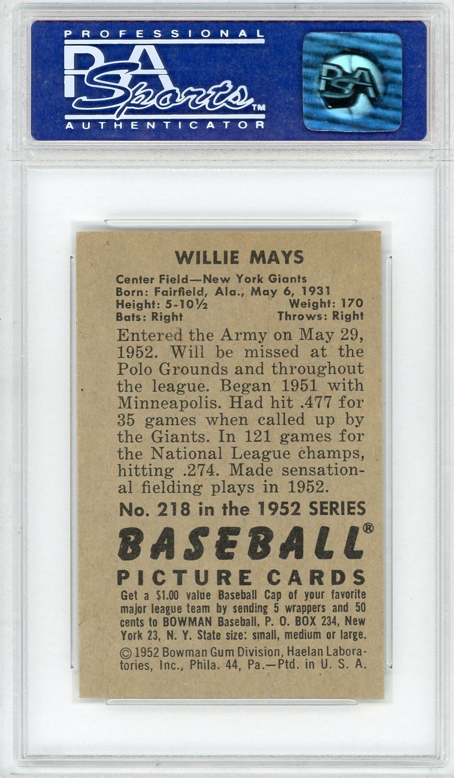 1952 Bowman Willie Mays #218 PSA 7 Oc