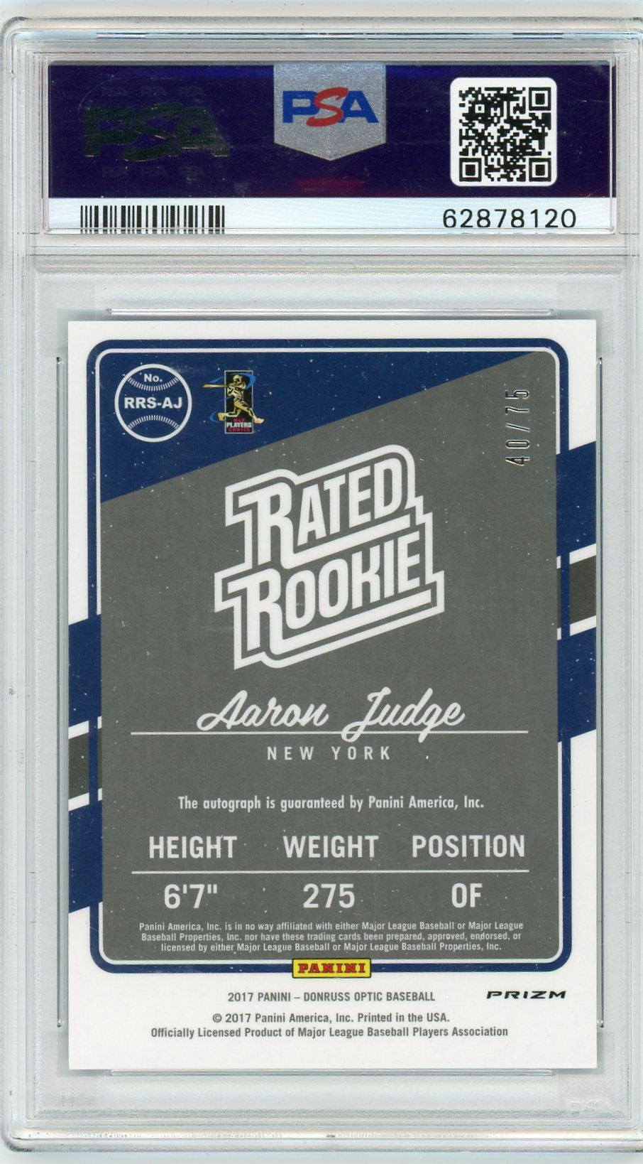 2017 Panini Donruss Optic Rated Rookie Signature Aaron Judge #AJ SIG. Blue PSA 9