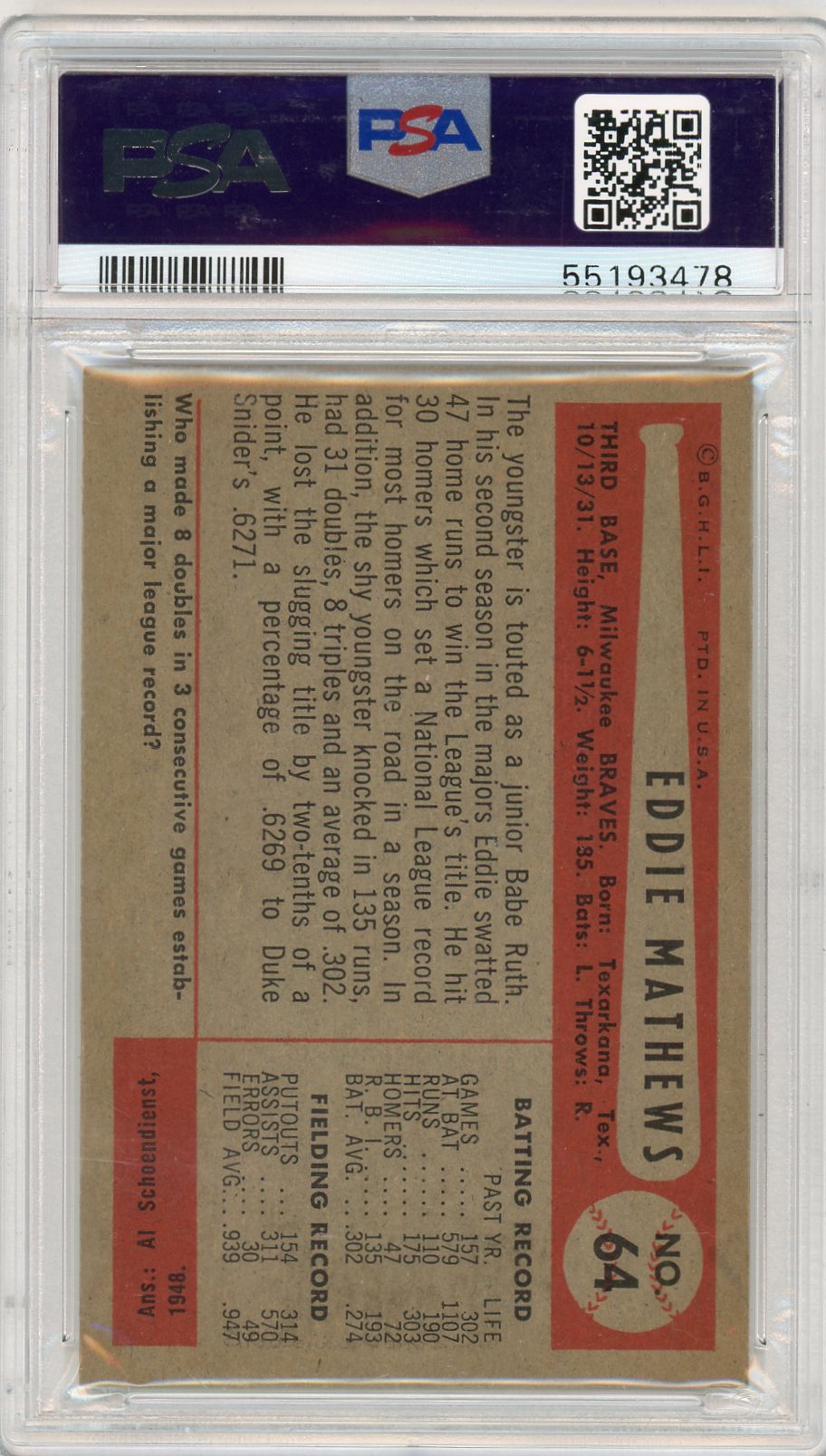 1954 Bowman Ed Mathews #64 PSA 8