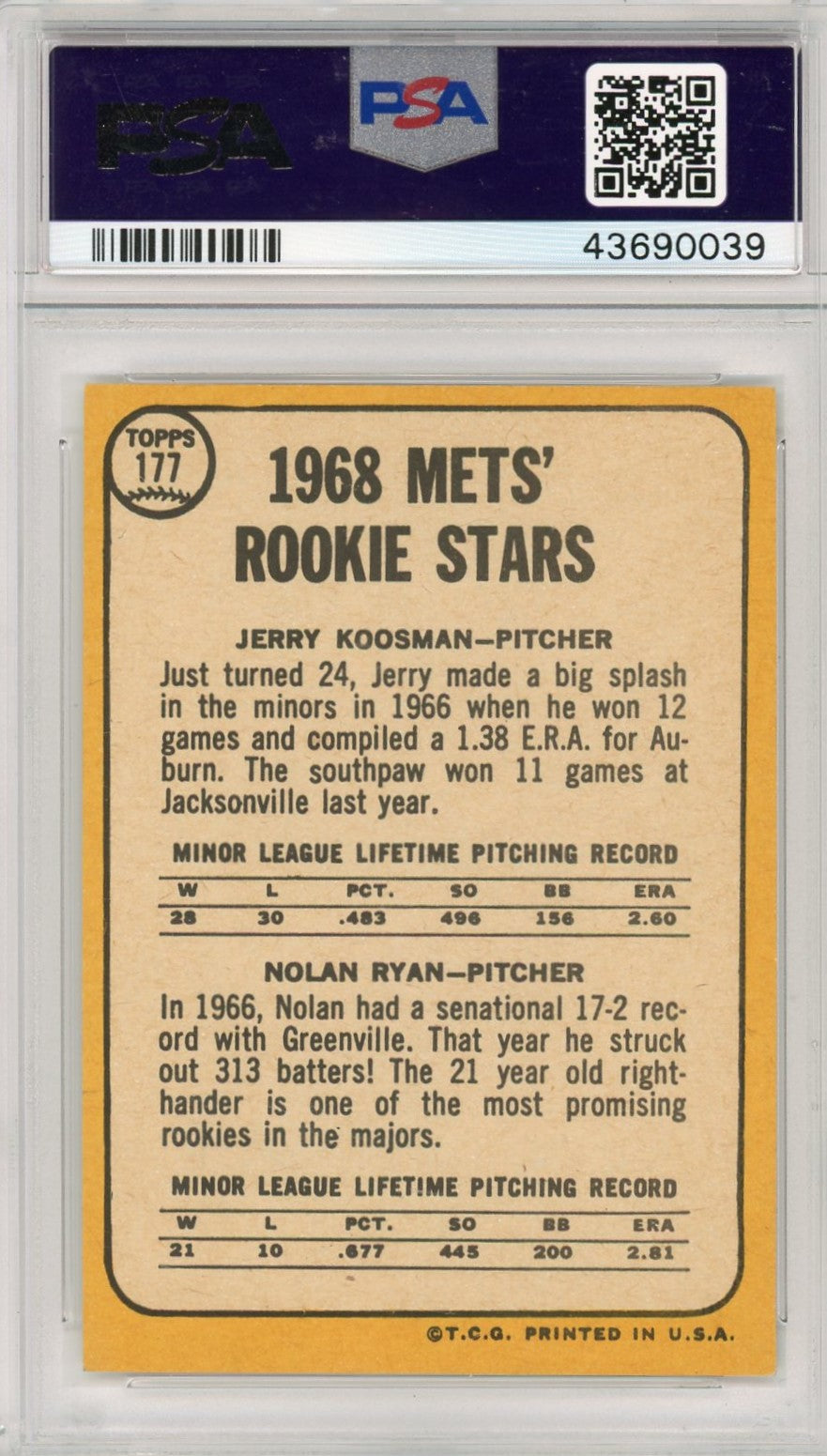 1968 Topps Mets Rookies #177 J. Koosman N. Ryan PSA 7