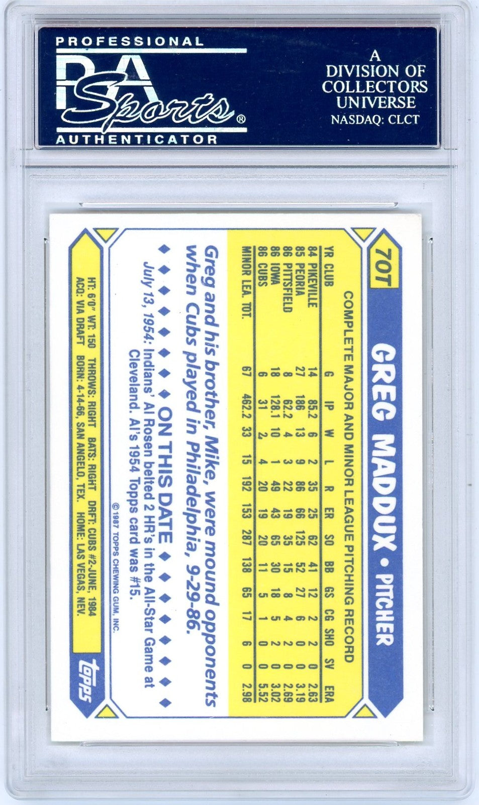 1987 Topps Traded Tiffany Greg Maddux #70T PSA 8