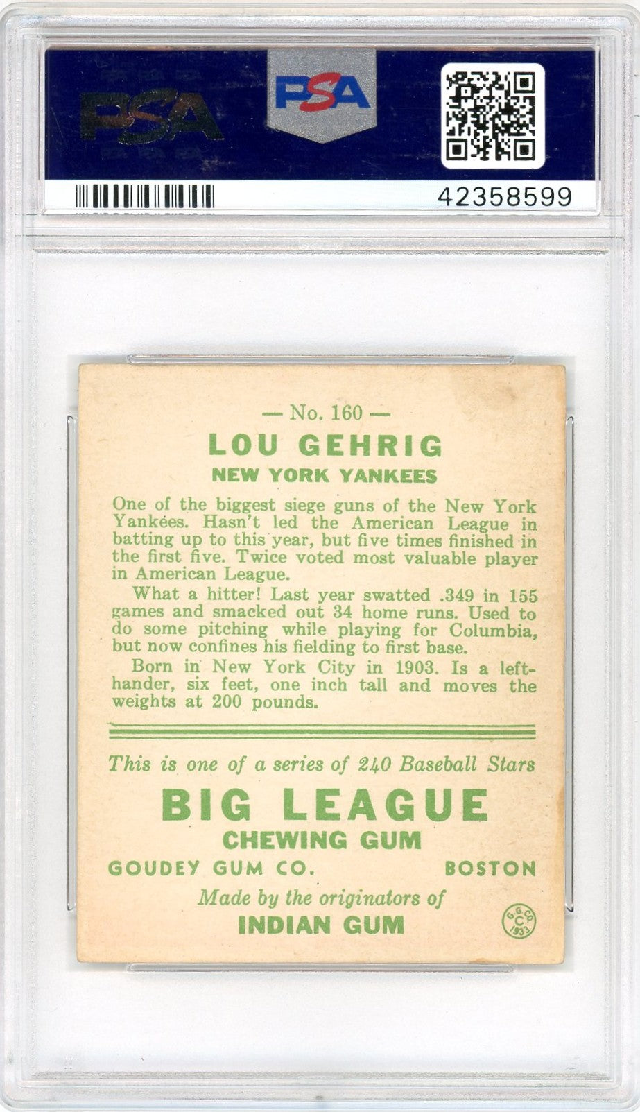 1933 Goudey Lou Gehrig #160 PSA 5