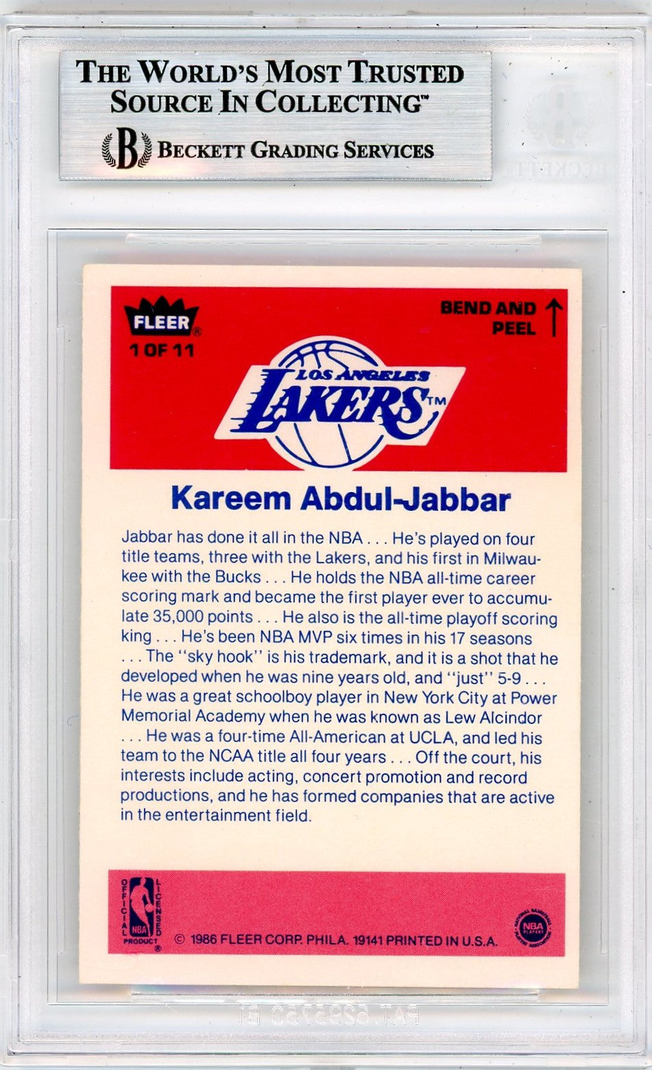1986 Fleer Stickers Kareem Abdul-Jabbar #1 BGS 8