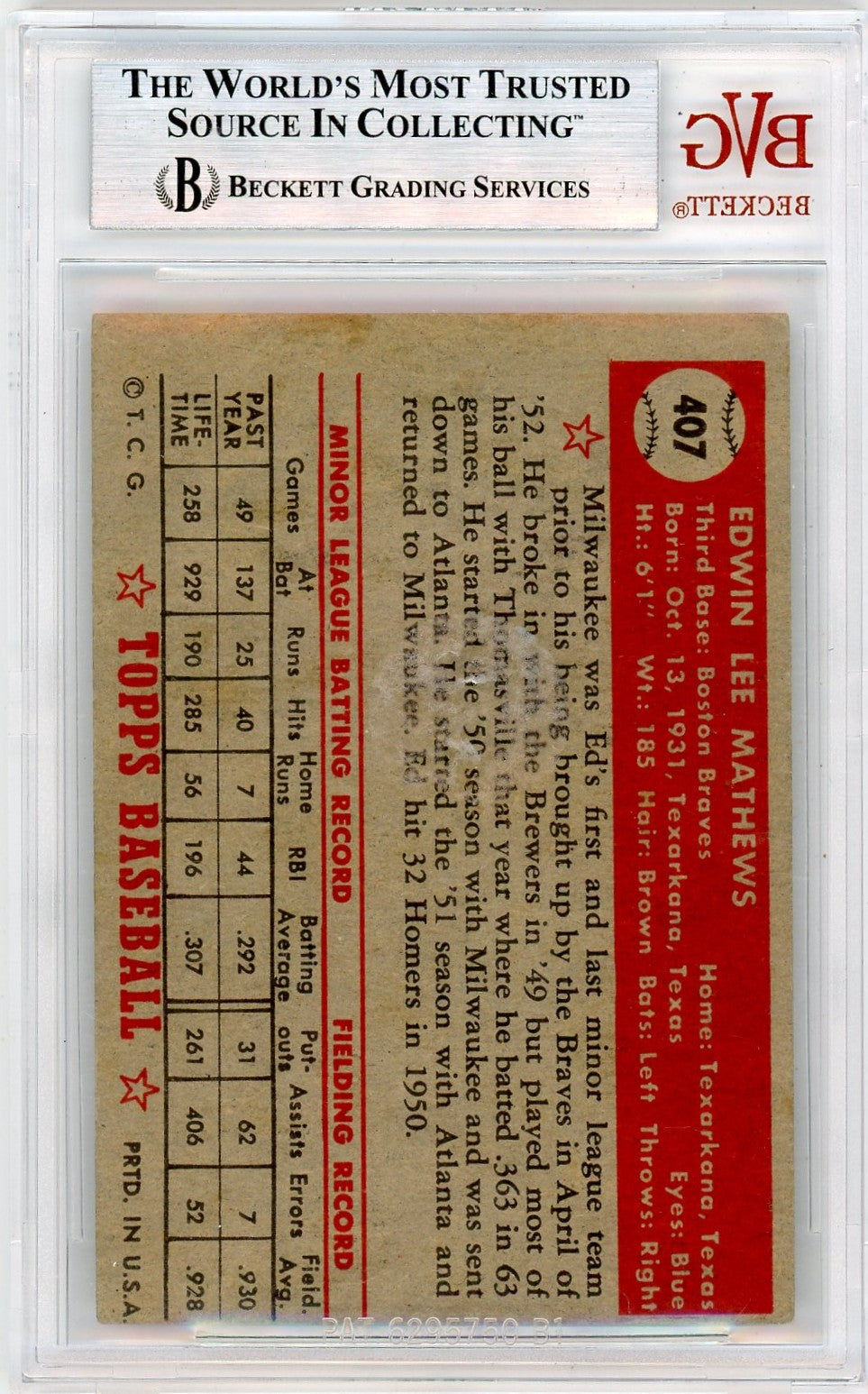 1952 Topps Eddie Mathews #407 BVG 4.5 Rookie
