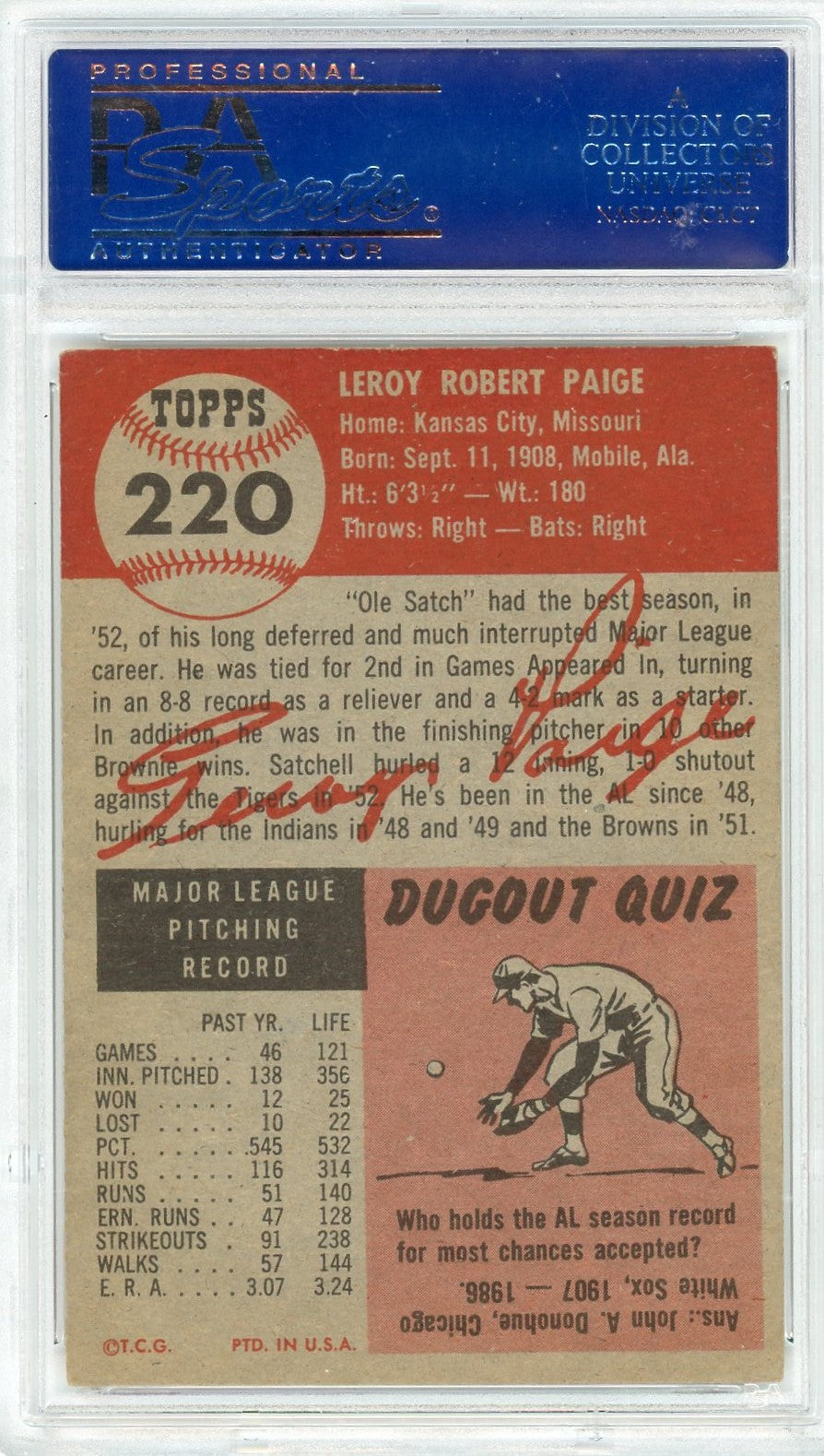 1953 Topps Satchell Paige #220 PSA 6