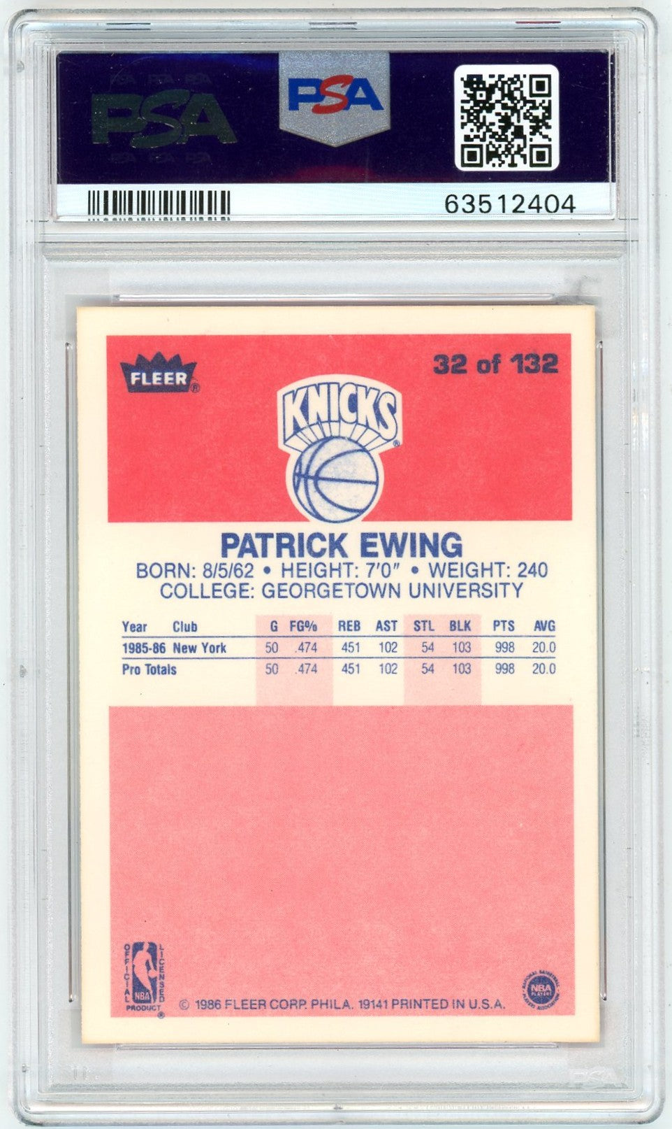 1986 Fleer Patrick Ewing #32 PSA 10