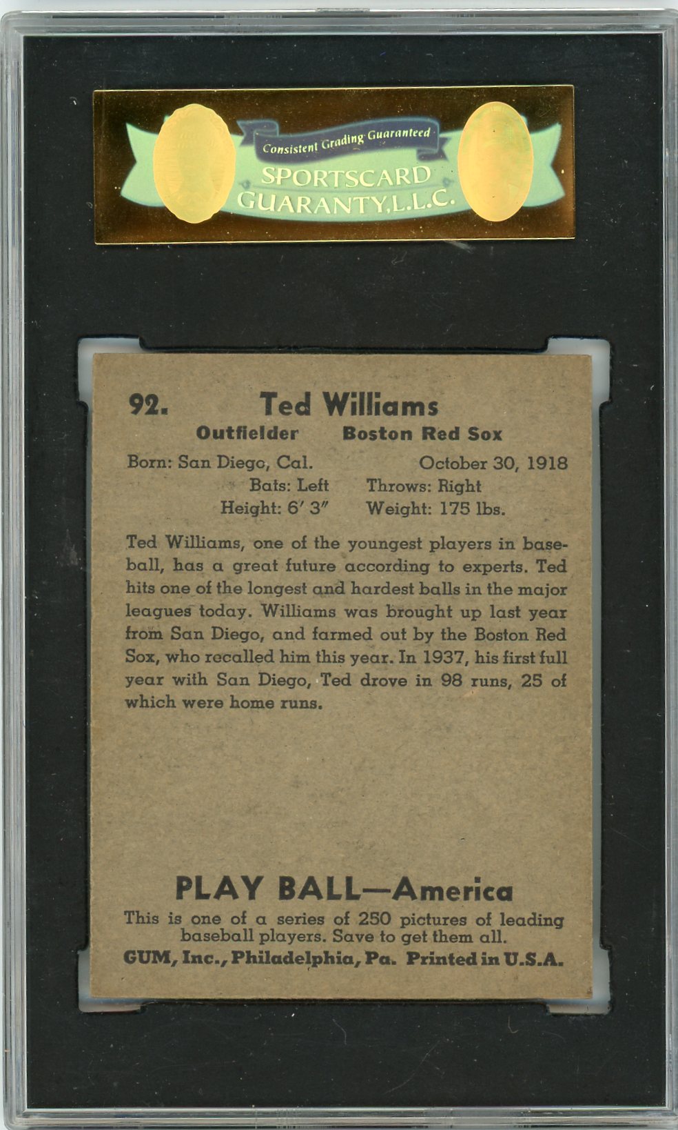 1939 Playball Ted Williams #92 SGC 7