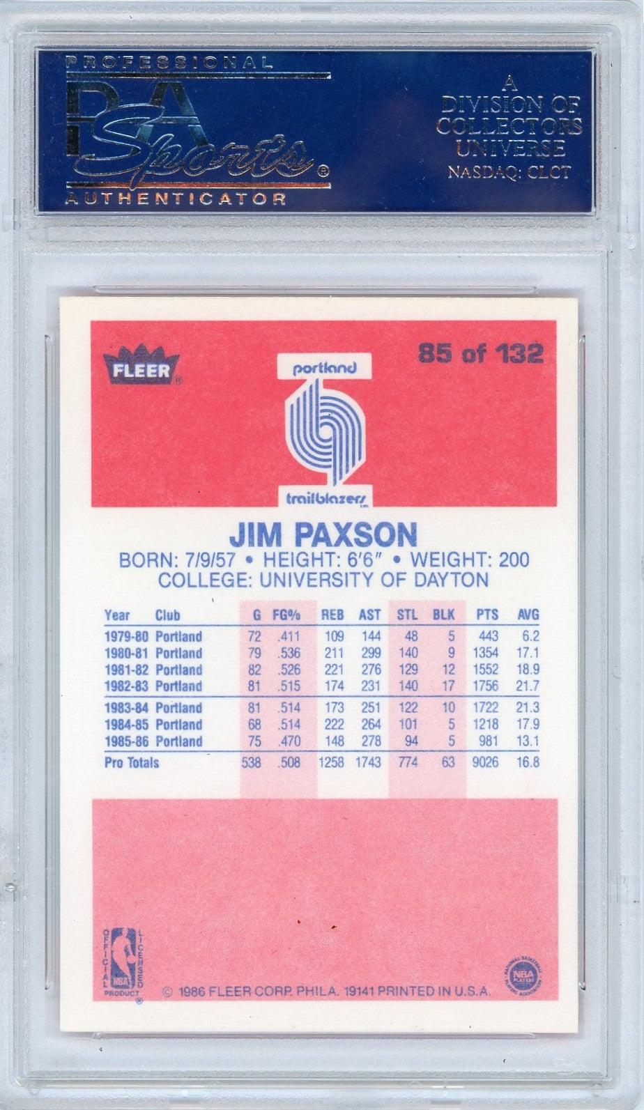 1986 Fleer Jim Paxson #85 PSA 10
