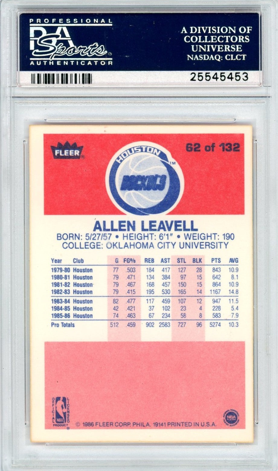 1986 Fleer Allen Leavell #62 PSA 10
