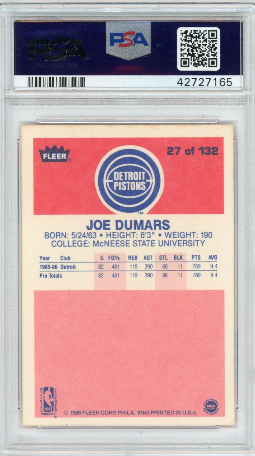 1986 Fleer Joe Dumars #27 PSA 10