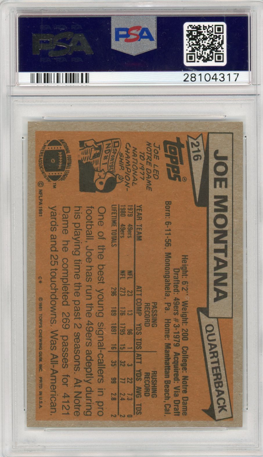 1981 Topps Joe Montana #216 PSA 9