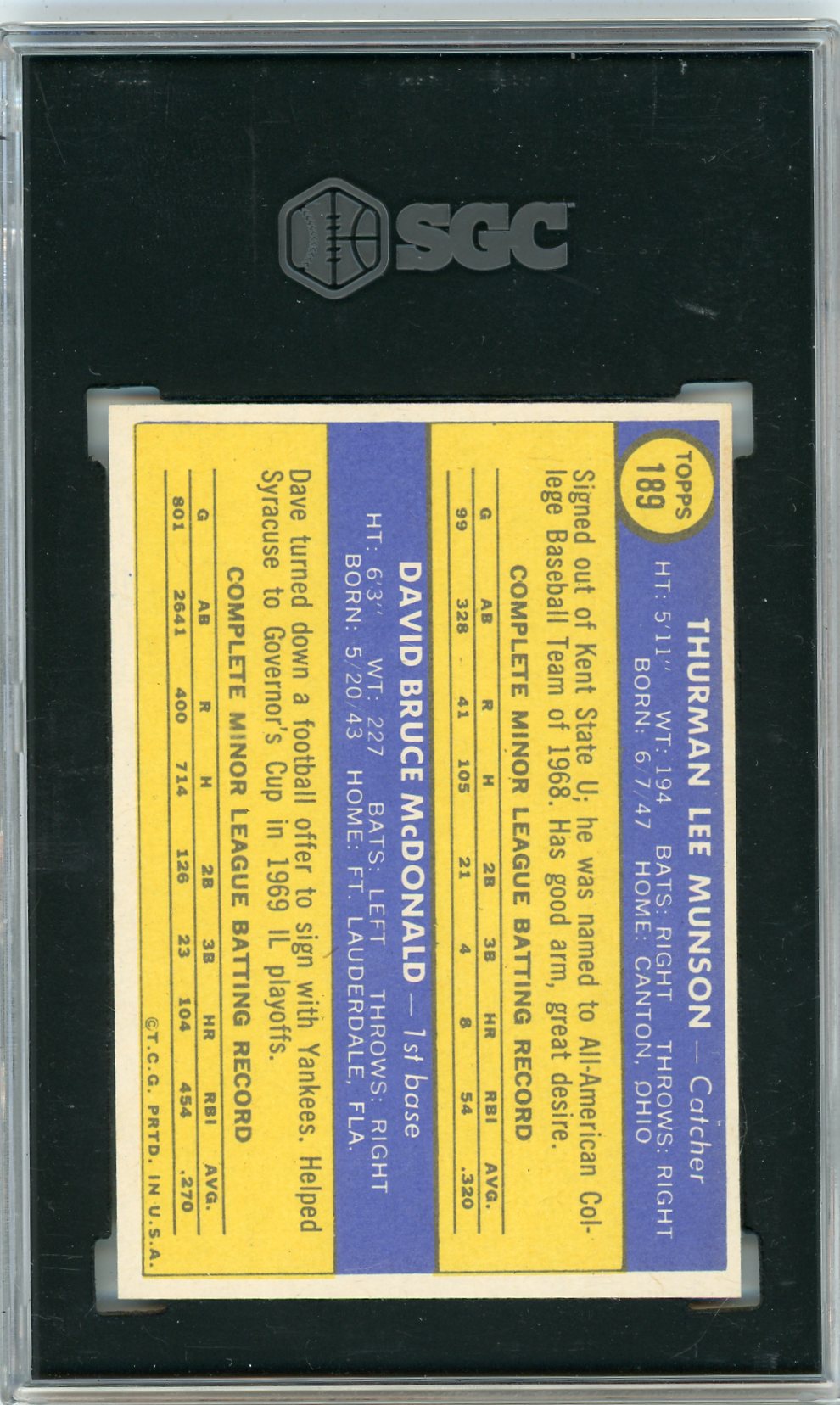 1970 Topps Thurman Munson #189 SGC 8