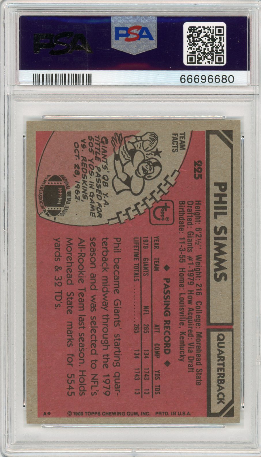1980 Topps Phil Simms #225 PSA 9