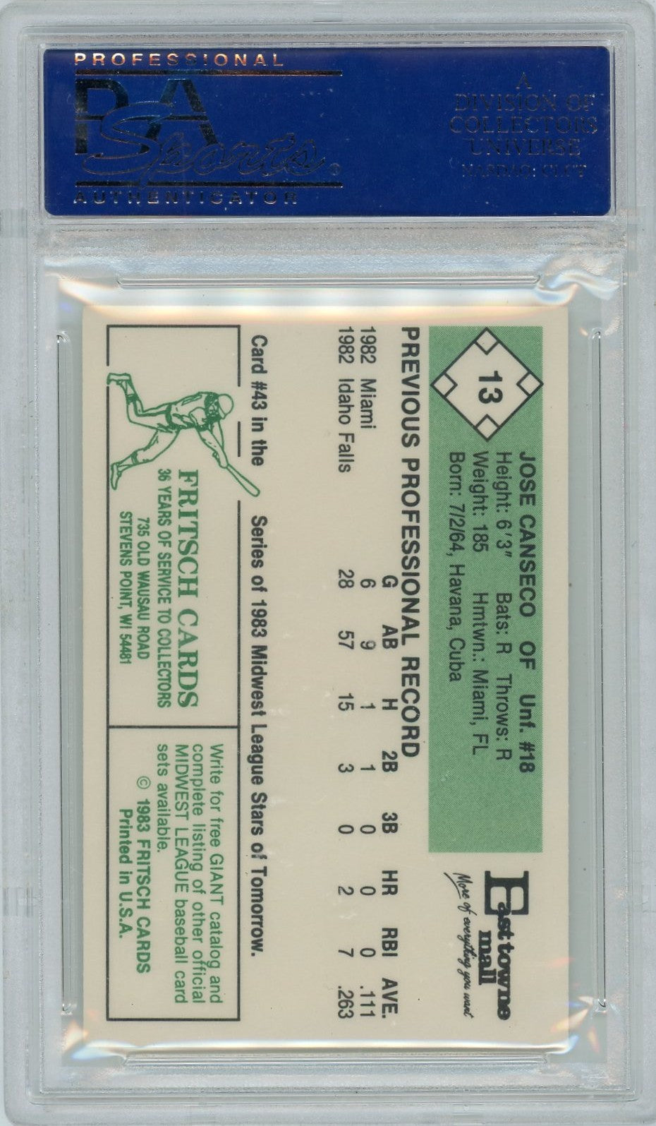 1983 Fritsch Madison Muskies Jose Canseco #13 PSA 9