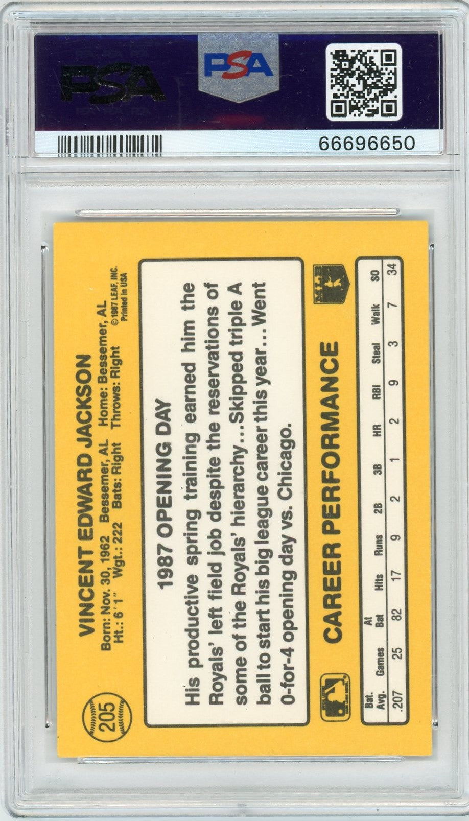 1987 Donruss Opening Day Bo Jackson #205 PSA 9