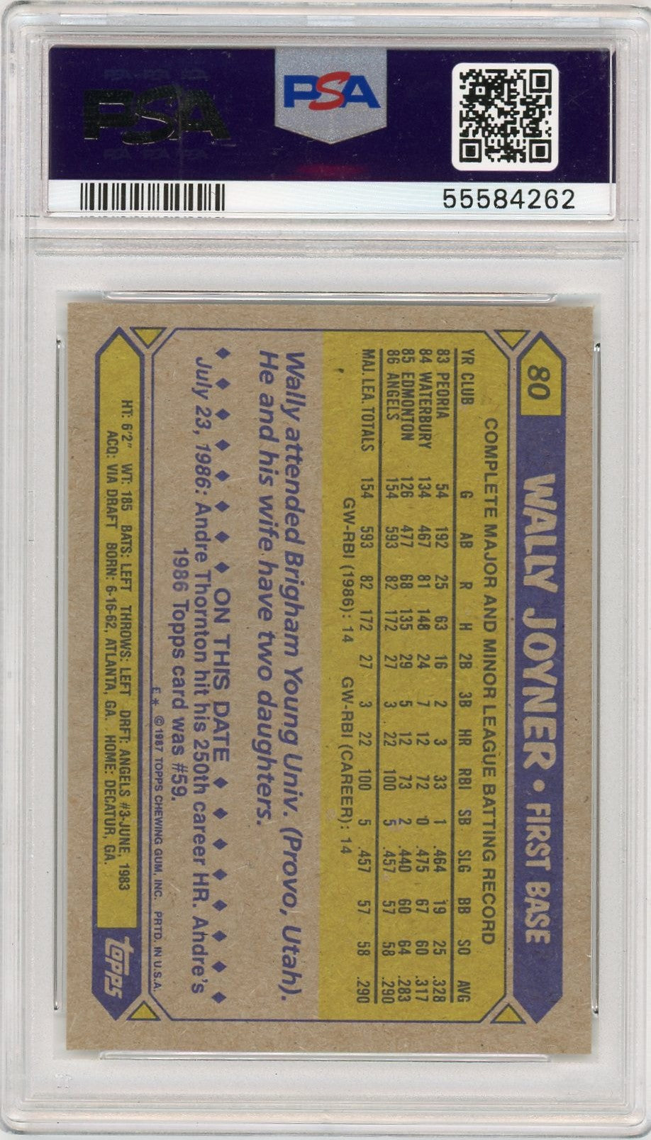 1987 Topps Wally Joyner #80 PSA 10