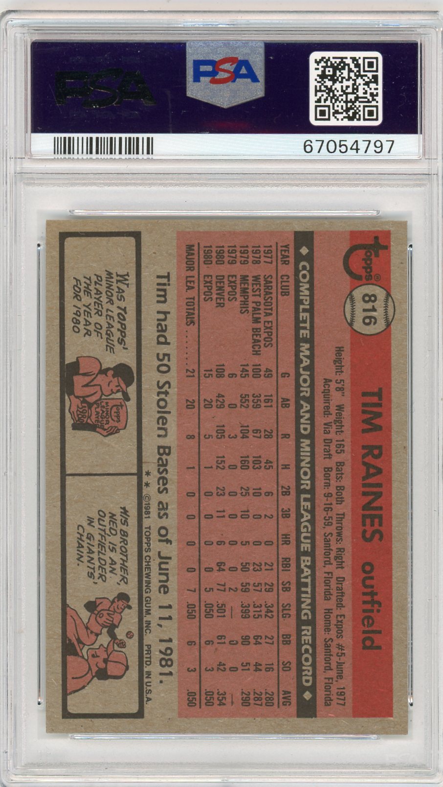1981 Topps Tim Raines #816 Traded PSA 9