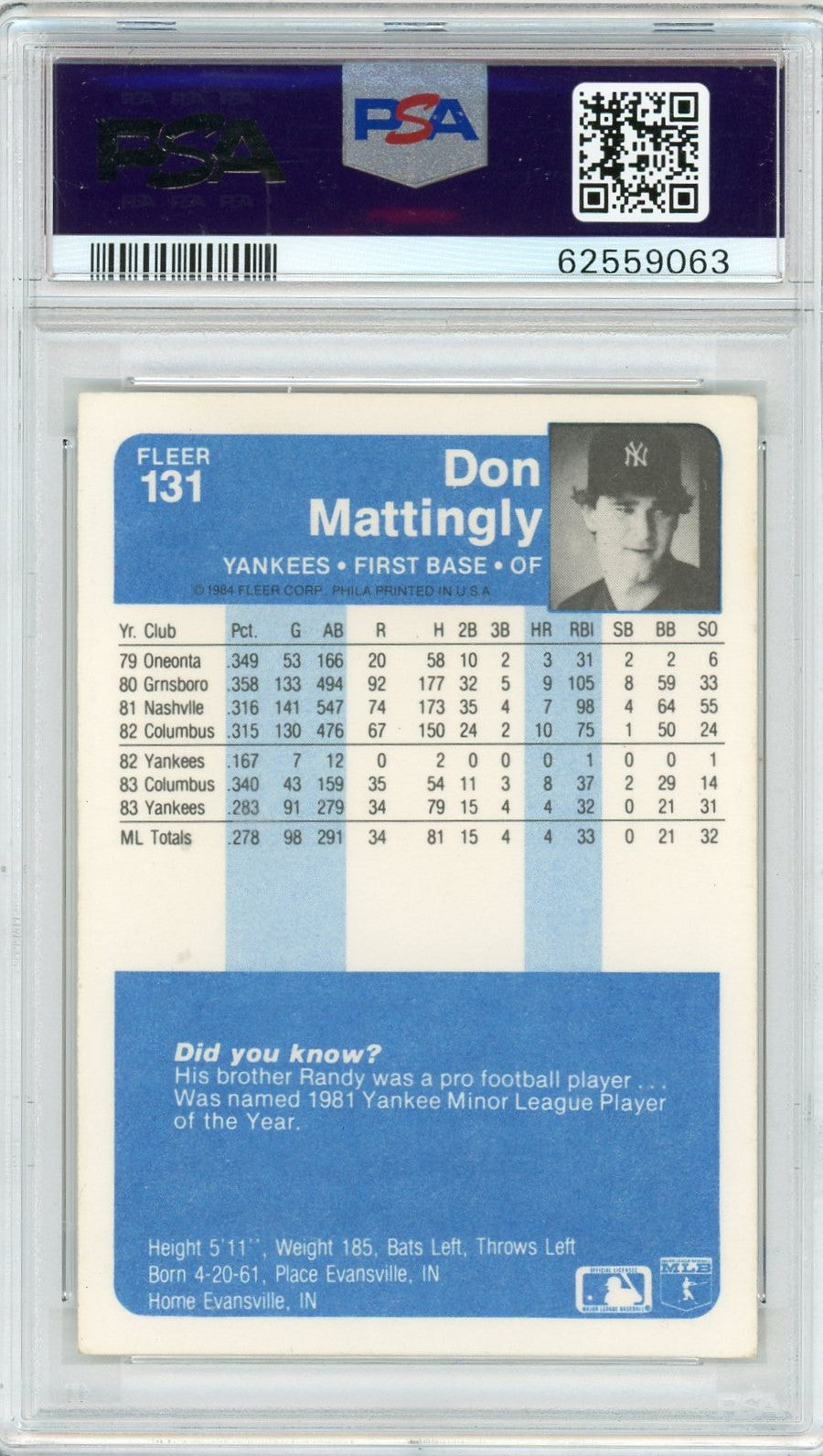 1984 Fleer Don Mattingly #131 PSA 9