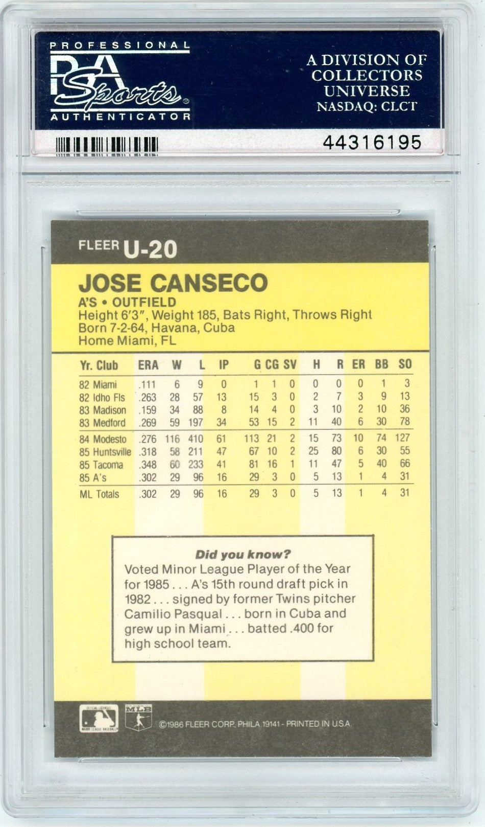 1986 Fleer Update Jose Canseco #U-20 PSA 10