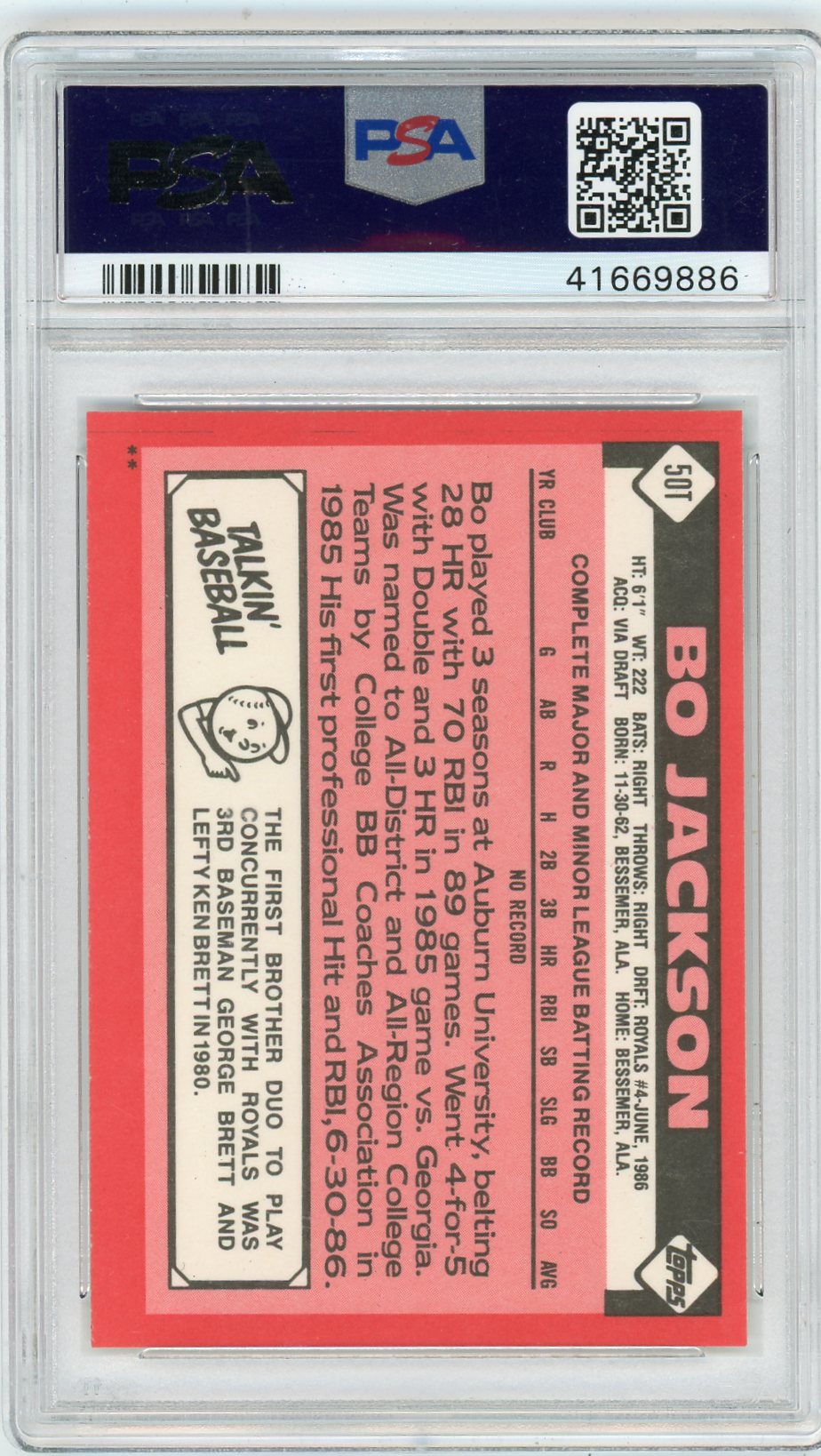 1986 Topps Traded Bo Jackson #50T PSA 9