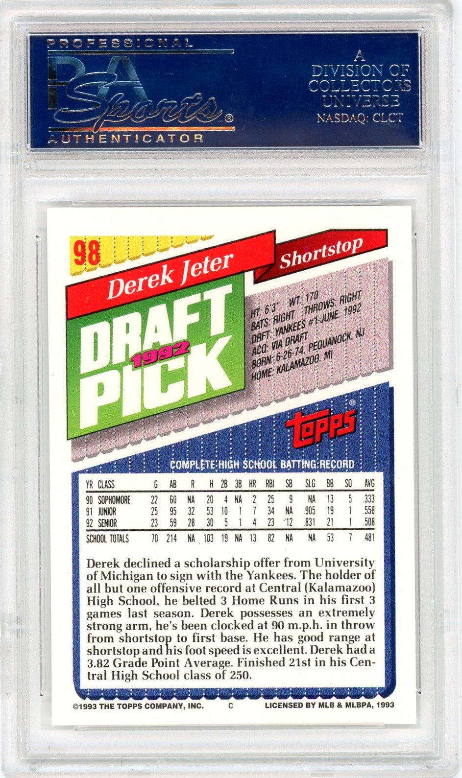 1993 Topps Gold Derek Jeter #98 PSA 9