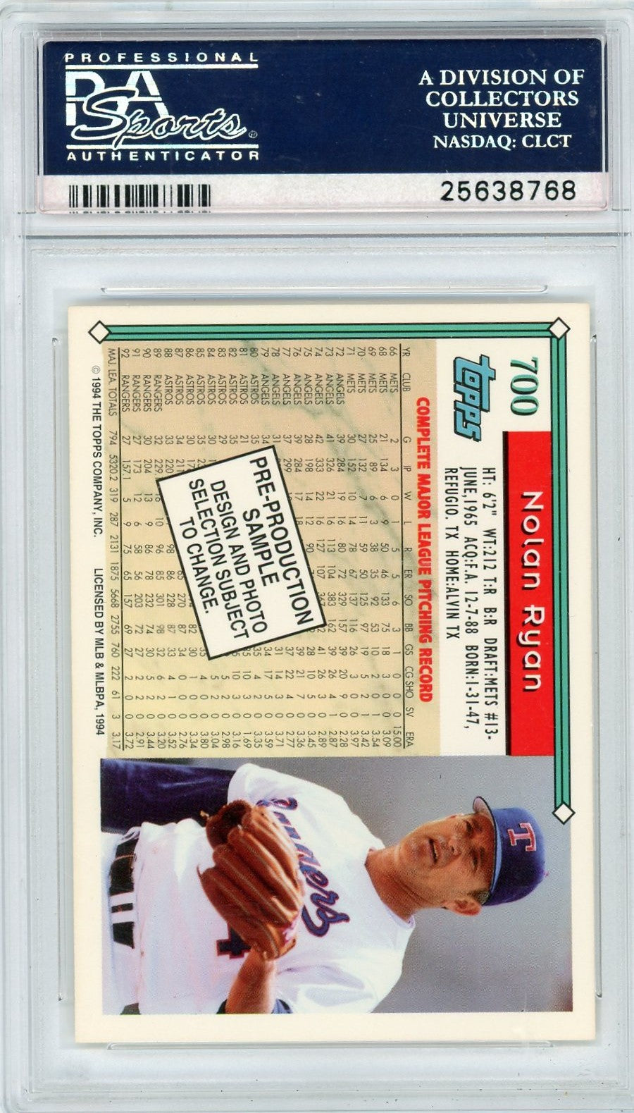 1994 Topps Pre-Production Nolan Ryan #700 Vertical PSA 10