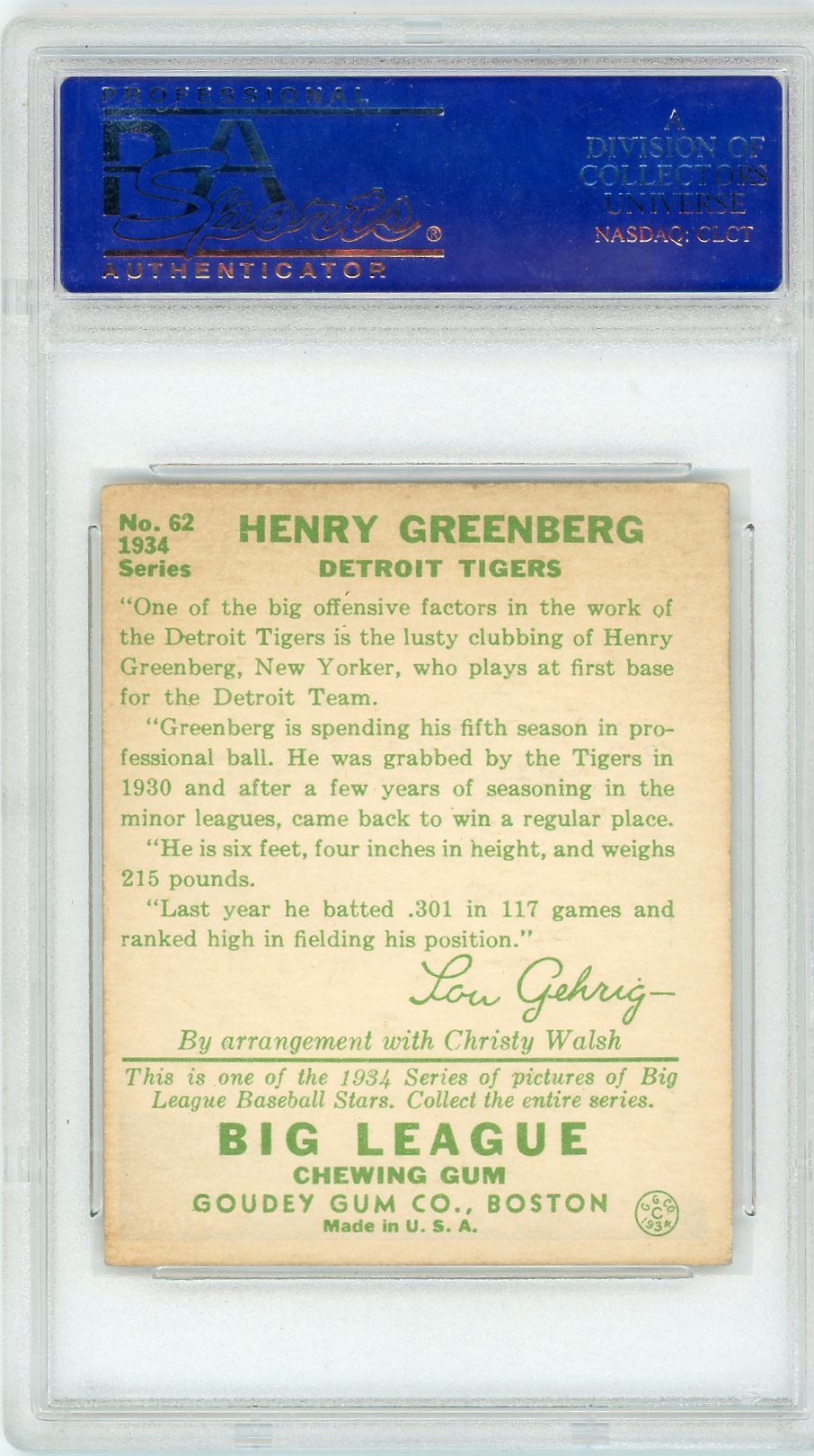 1934 Goudey Hank Greenberg #62 PSA 5