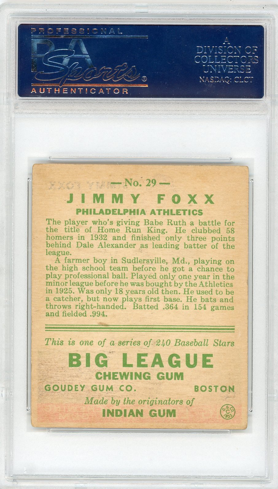 1933 Goudey Jimmy Foxx #29 PSA 4