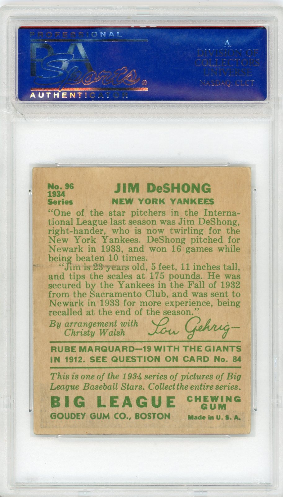1934 Goudey Jim Deshong #96 PSA 5