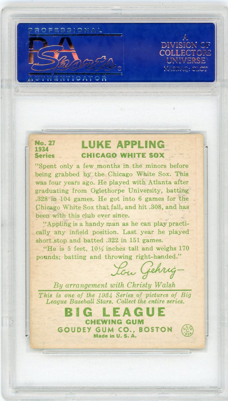 1934 Goudey Luke Appling #27 PSA 6