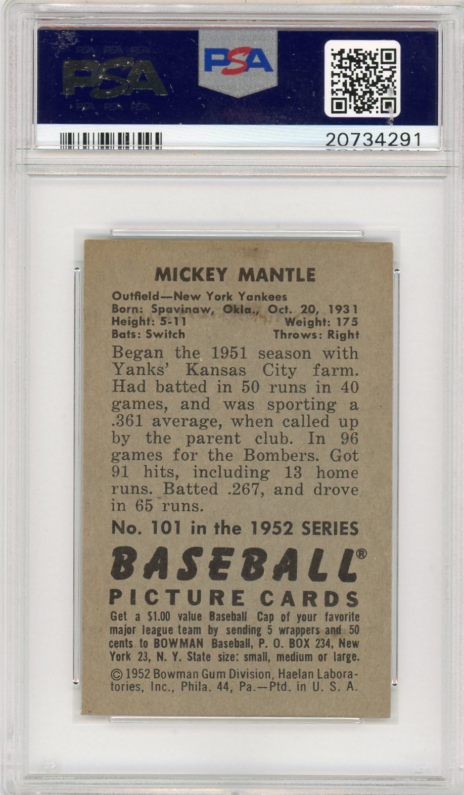 1952 Bowman Mickey Mantle #101 PSA 5
