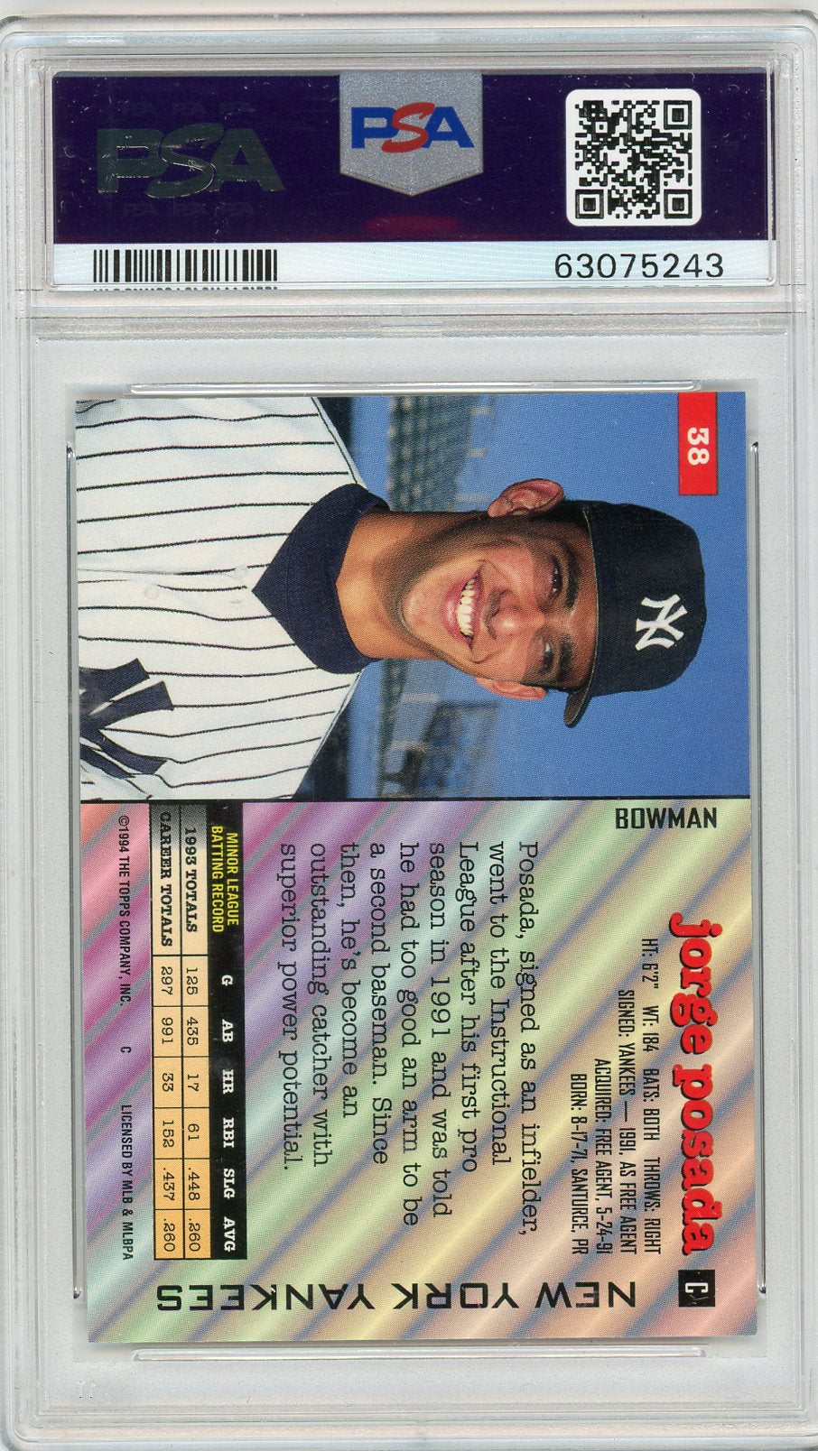 1994 Bowman Jorge Posada #38 PSA 10