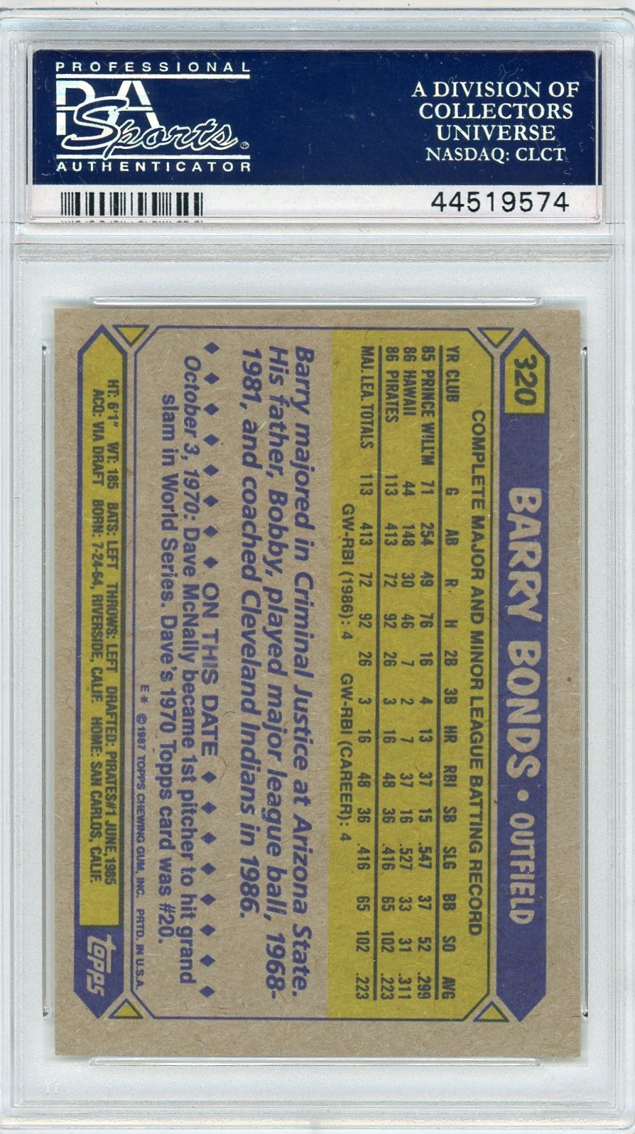 1987 Topps Barry Bonds #320 PSA 10