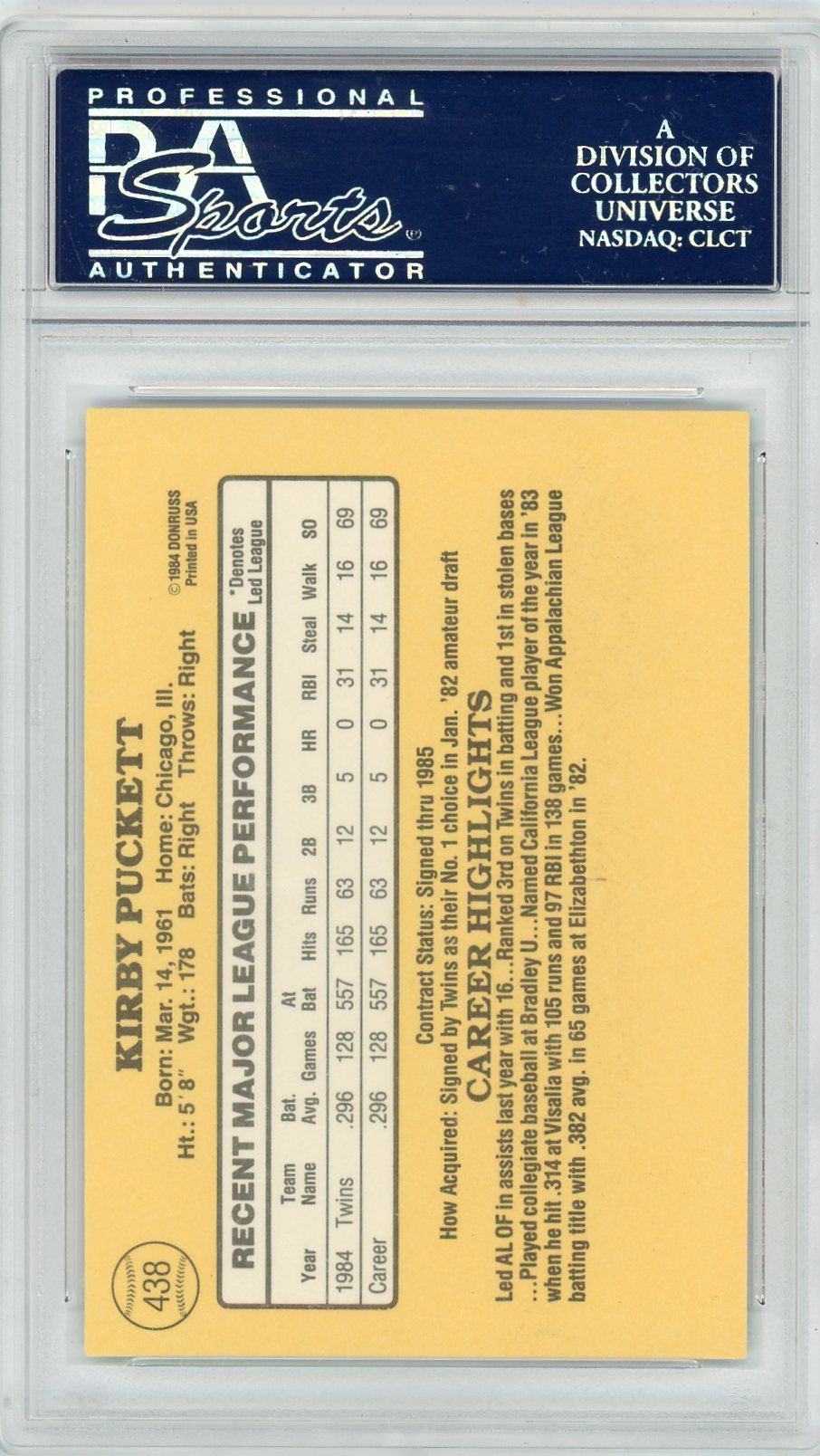 1985 Donruss Kirby Puckett #438 PSA 10