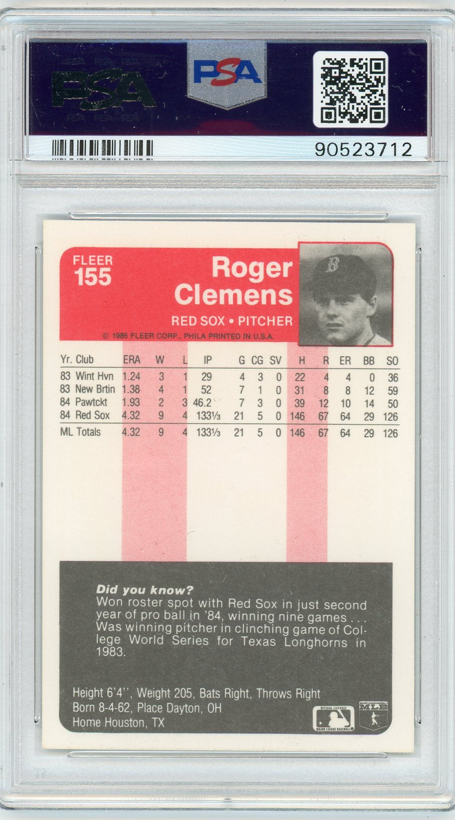 1985 Fleer Roger Clemens #155 PSA 10