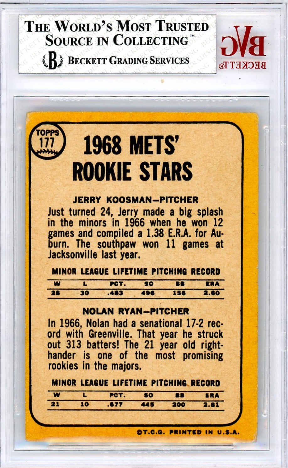 1968 Topps Nolan Ryan Jerry Koosman Rookie Stars #177 BVG 3.5