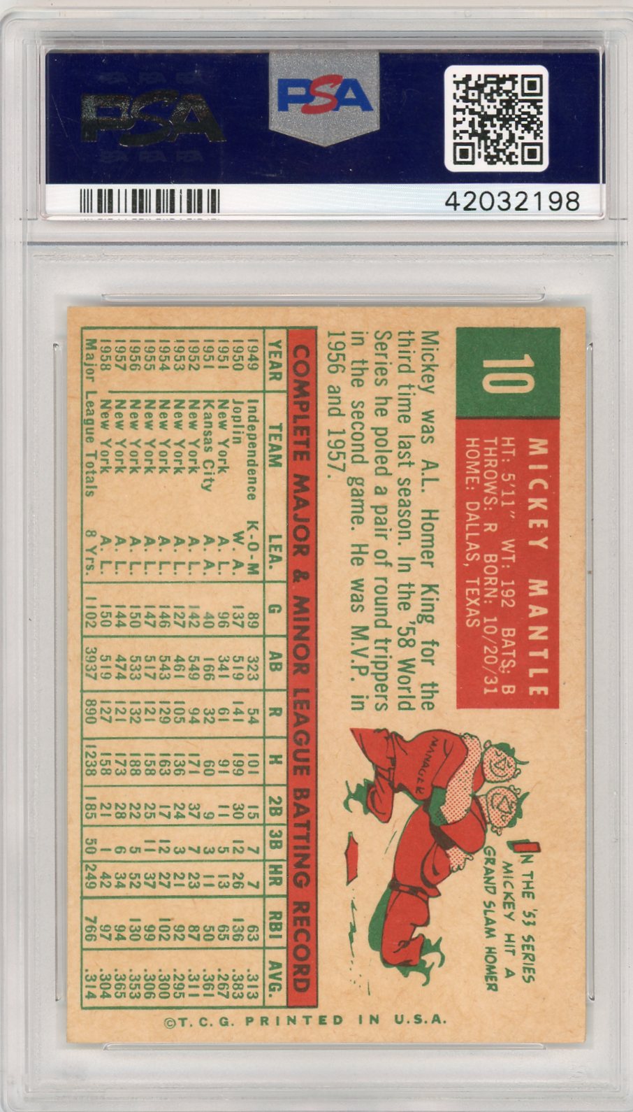 1959 Topps Mickey Mantle #10 PSA 6