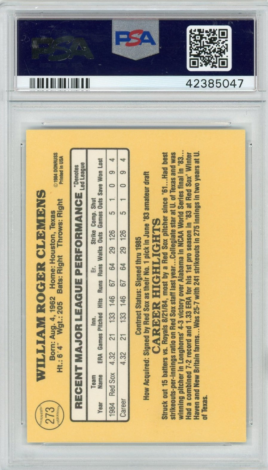 1985 Donruss Roger Clemens #273 PSA 10