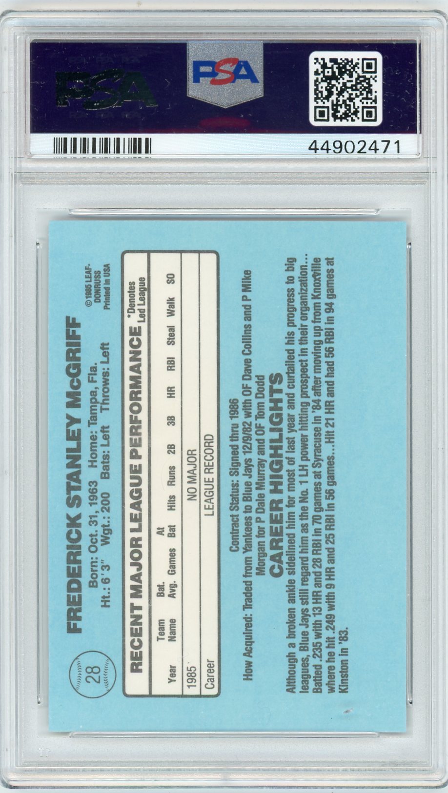 1986 Donruss Fred Mcgriff #28 PSA 10