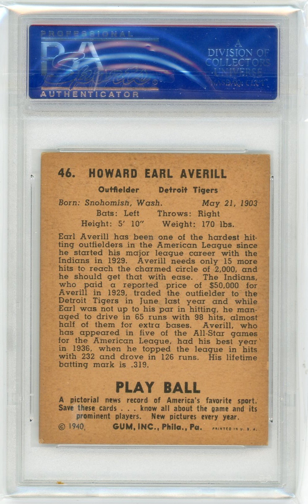 1940 Play Ball Earl Averill #46 PSA 6