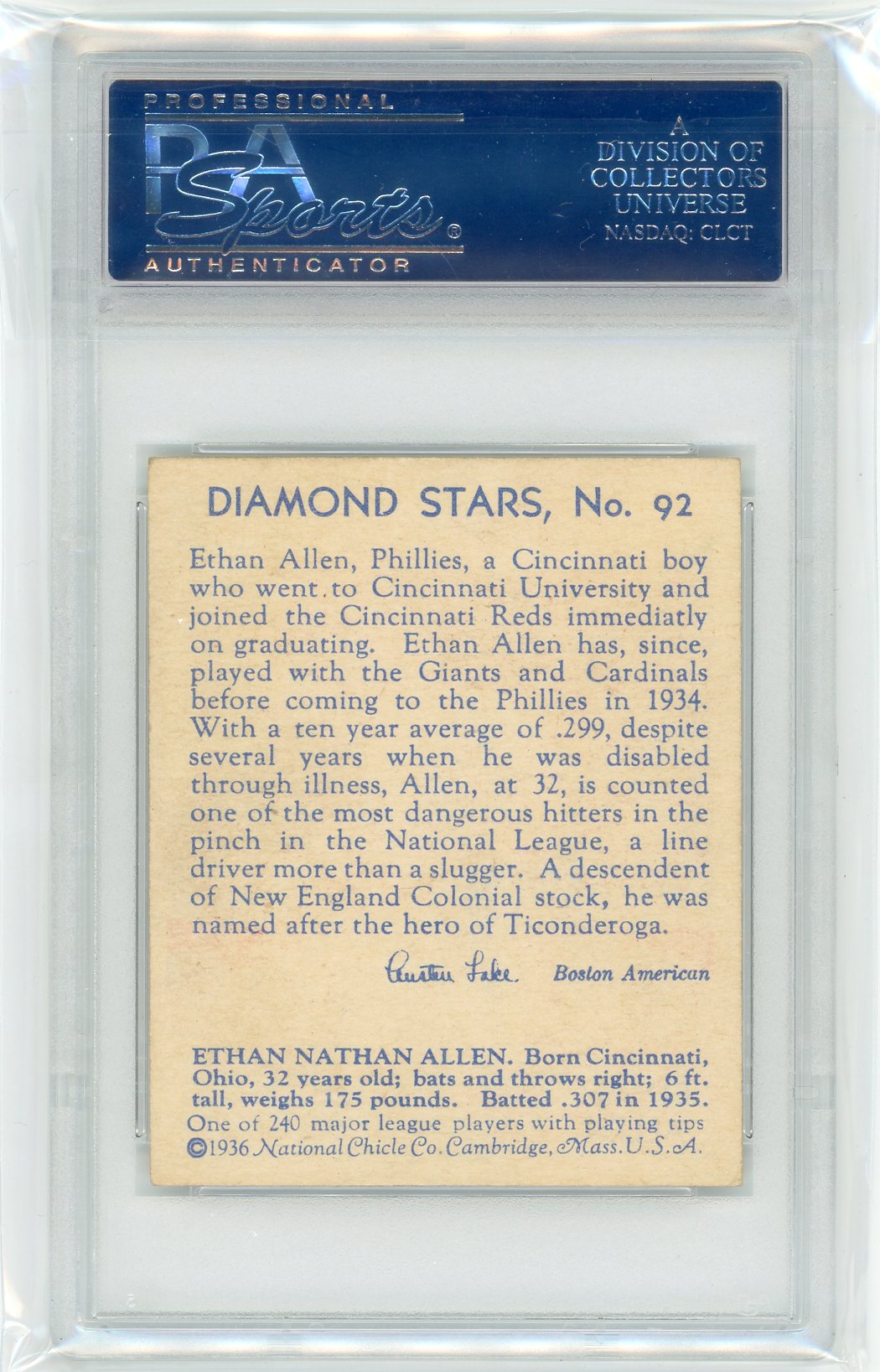 1936 Diamond Stars Ethan Allen #92 PSA 5
