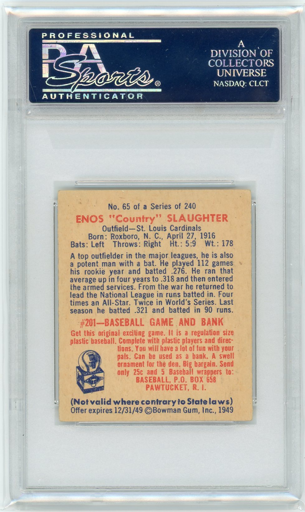 1949 Bowman Enos Slaughter #65 PSA 5